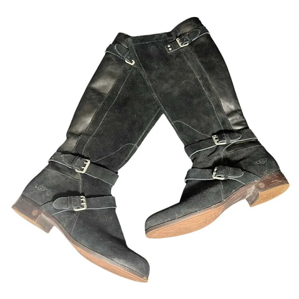 Ugg Cydnee Boots 8.5‎ Black Leather Knee High Buckle Sheepskin Shearling Stretch